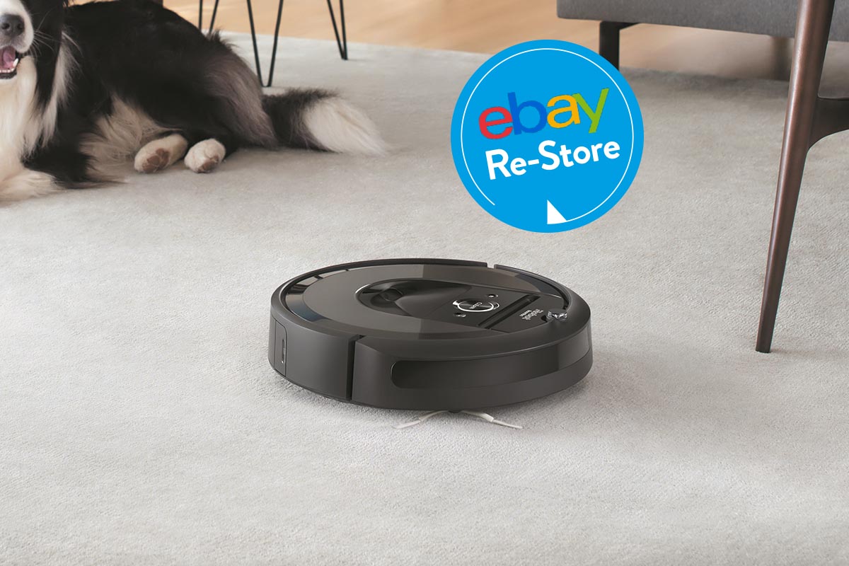 Roomba i7+ auf Teppichboden neben einem Hund