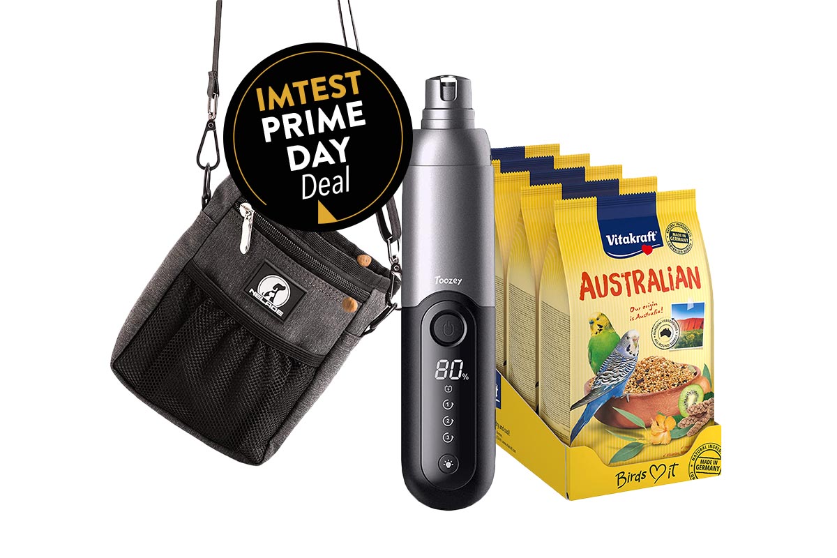 Es sind drei Produkte der IMTEST Prime Day Deals zu sehen: ein Futterrbeutel, ein Krallenschleifer und Vogelfutter.