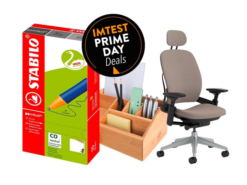 Deals am Prime Day zu Büroartikeln: Stabilo Kugelschreiber, Stiftebox und Bürostuhl.