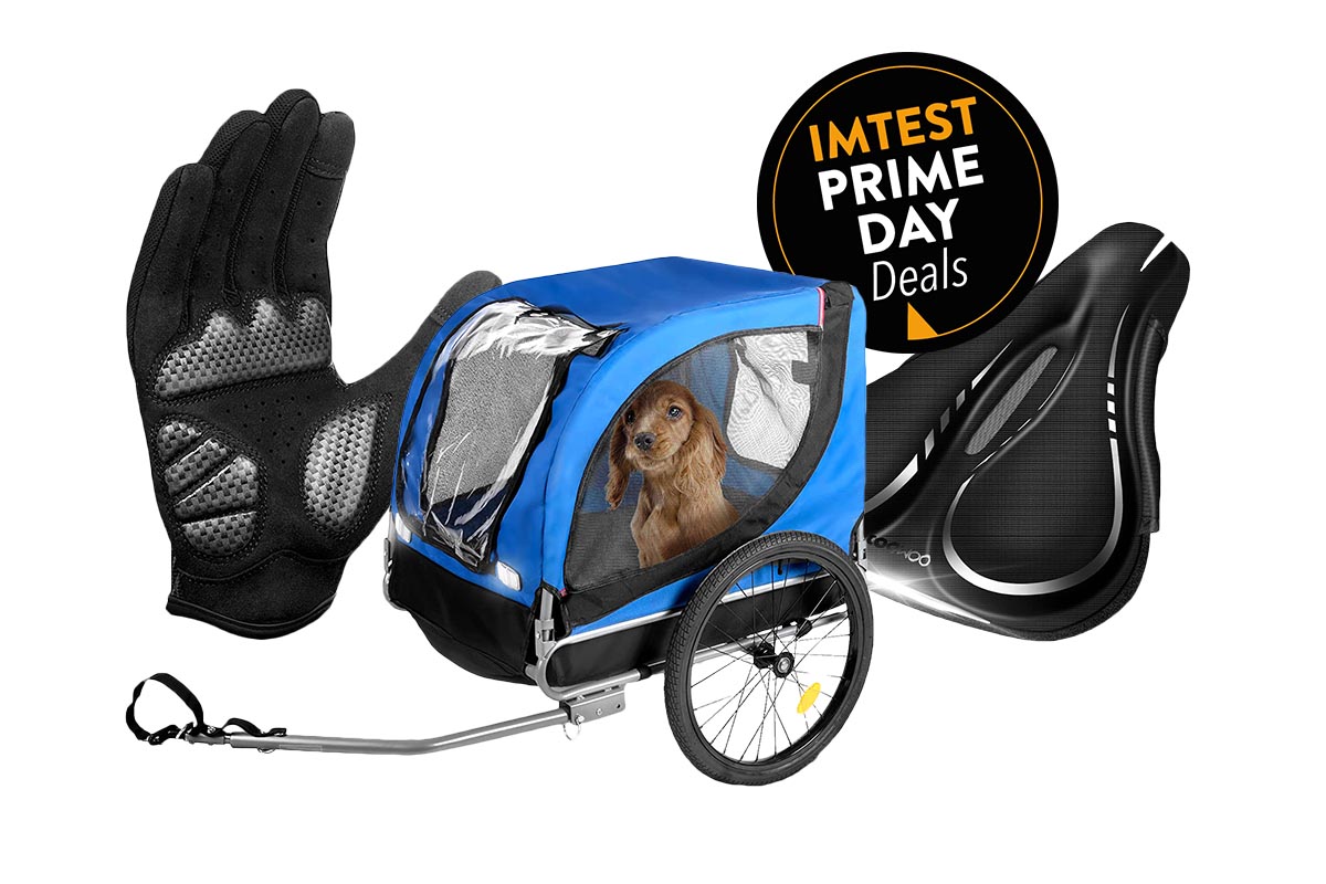 Zu sehen sind drei Produkte der IMTEST Prime Day Deals: 1 Fahrrad-Handschuh, 1 Fahrrad-Hundeanhänger, 1 Gel-Sattelbezug.