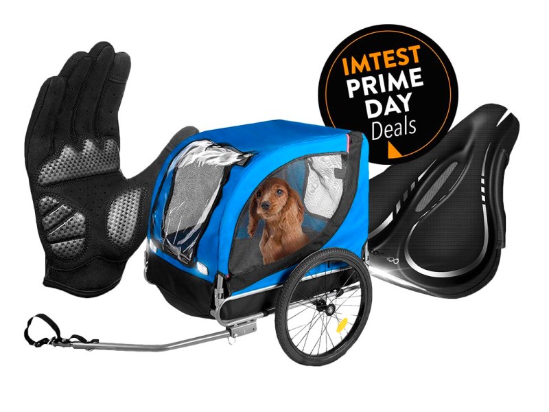 Zu sehen sind drei Produkte der IMTEST Prime Day Deals: 1 Fahrrad-Handschuh, 1 Fahrrad-Hundeanhänger, 1 Gel-Sattelbezug.