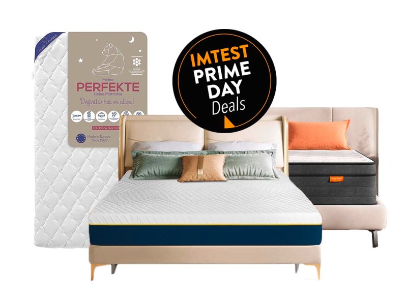 Es sind drei Produkte der IMTEST Prime Day Deals zu sehen: 1 Kindermatratze von P'tit Lit, und zwei Matratzen fürs Doppelbett von CooluxSleep und Sweetnight.