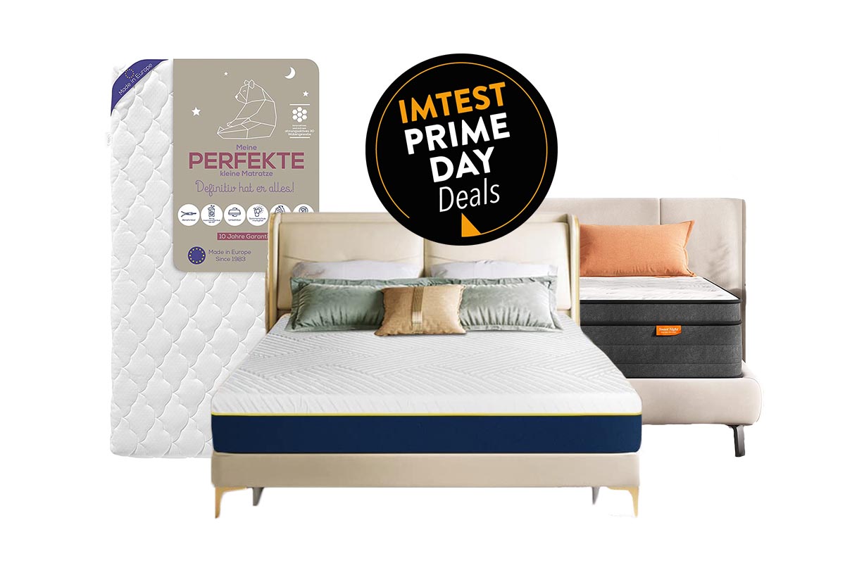 Es sind drei Produkte der IMTEST Prime Day Deals zu sehen: 1 Kindermatratze von P'tit Lit, und zwei Matratzen fürs Doppelbett von CooluxSleep und Sweetnight.