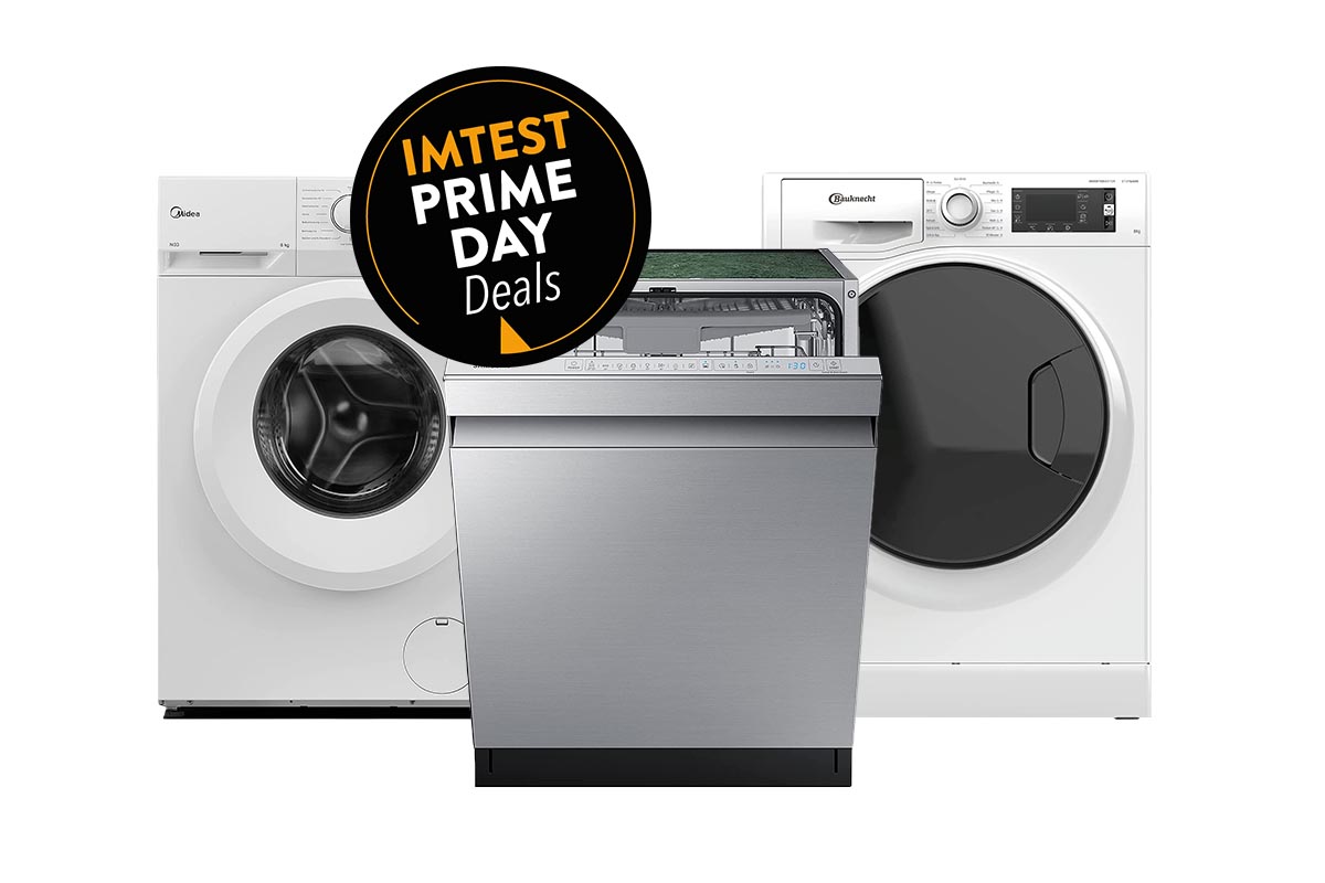 Es sind drei Produkte der IMTEST Prime Day Deals zu sehen: Eine Waschmaschine von Midea, eine von Bauknecht und eine Geschirrspülmaschine von Samsung.