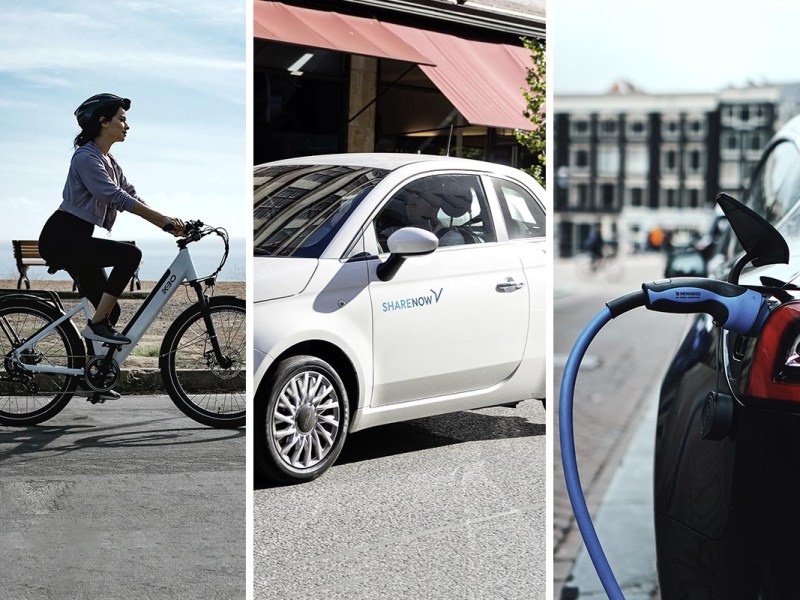 Dreigeteiltes Bild: links ein Fahrradfahrer im ländlichen Raum, Mitte: Carsharing-Elektroauto, rechts Ausschnitt eines Laderüssels eines Elektroautos