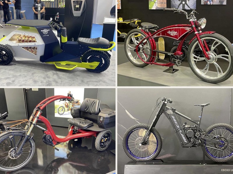 Vier ausgestellte außergewöhnliche Fahrräder.