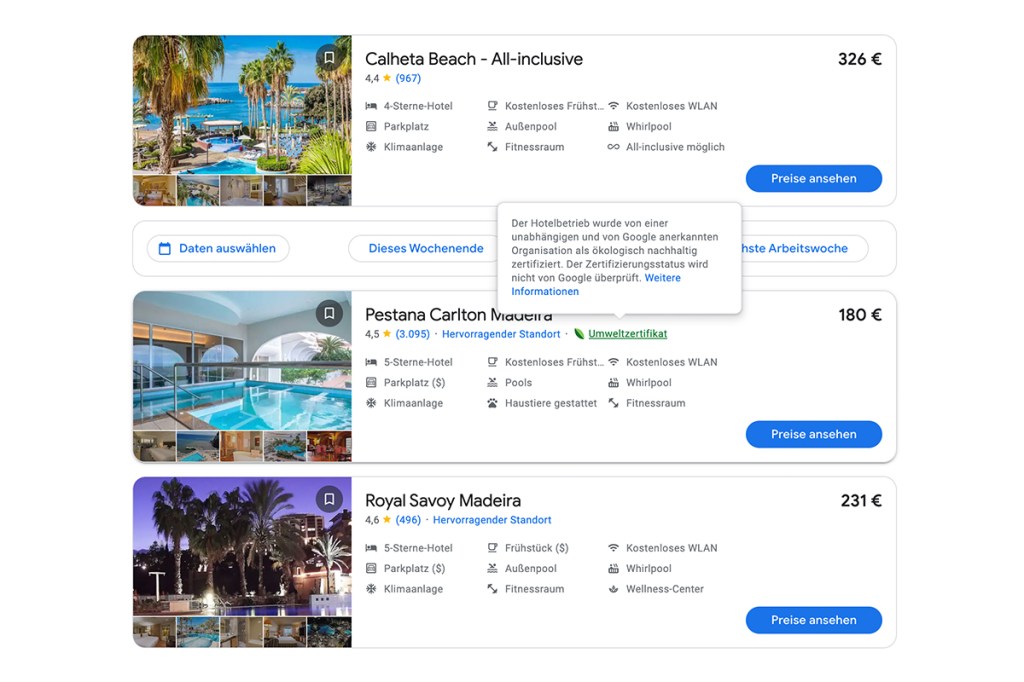 In der Suche markiert Google Hotels mit Nachhaltigkeits-Zertifikaten.