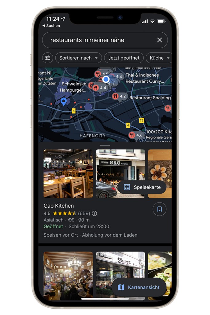 Restaurants in der Nähe lassen sich direkt in Maps anzeigen.