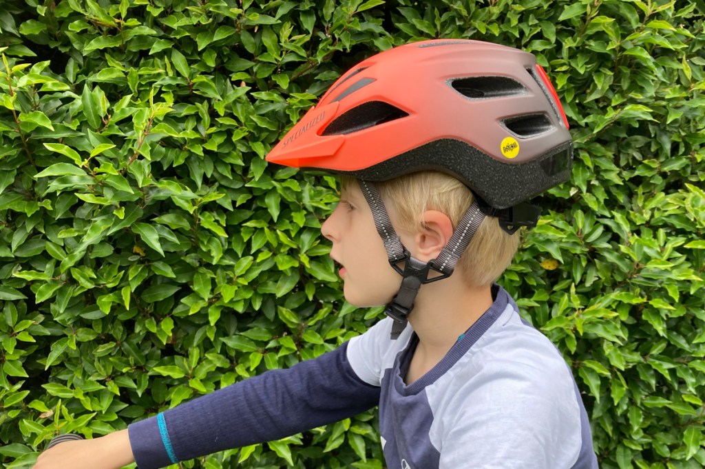 Shuffle Child LED Specialized Children's Bicycle Helmet on the Child's Head from the Side