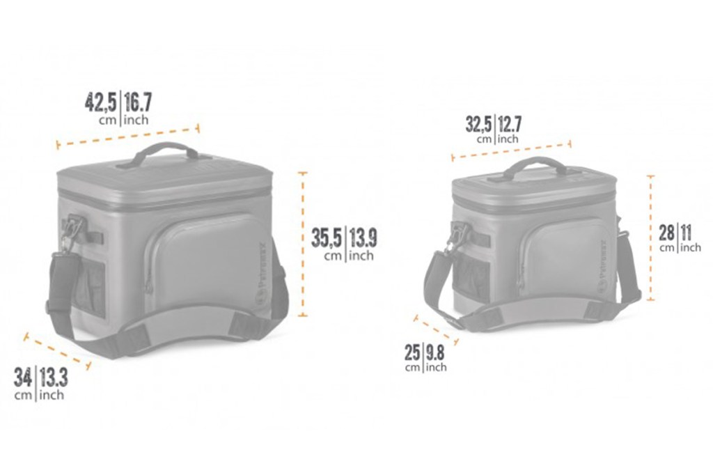 Die Produktabmessungen der beiden Größen für die Petromax Kühltasche sind gezeigt: 28 x 32,5 x 25 cm bzw. 35,5 x 42,5 x 32 cm.