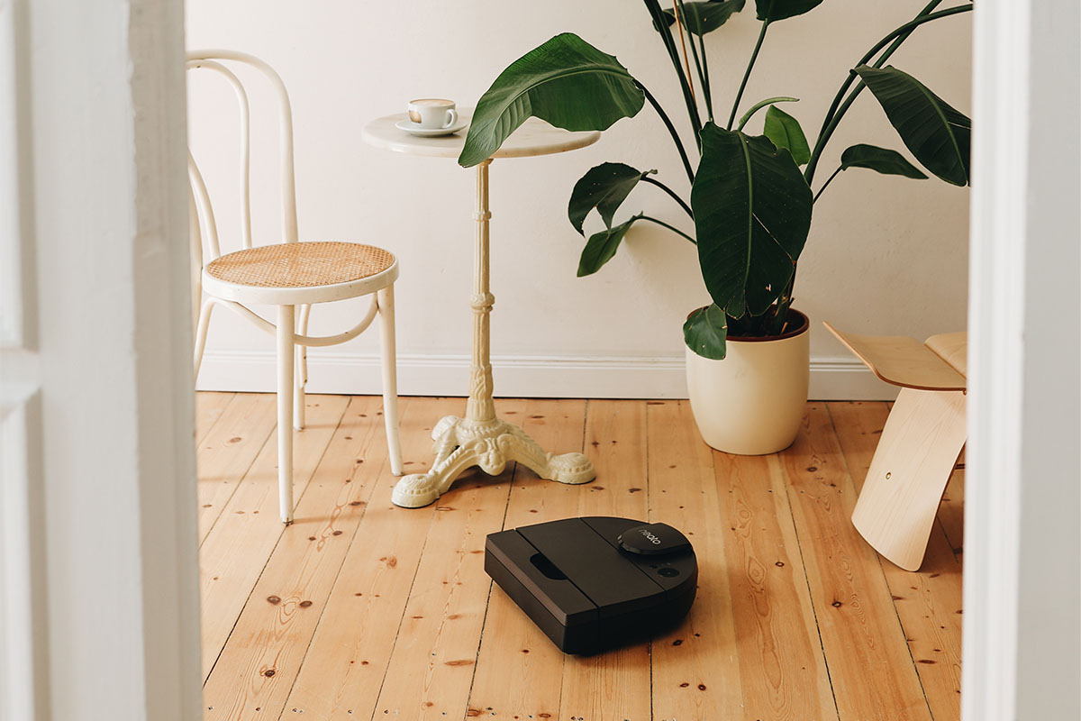 Der Neato D800 Saugroboter fährt in einem Raum mit Holzfußboden, kleinem Tisch, Stuhl und Zimmerpflanze.