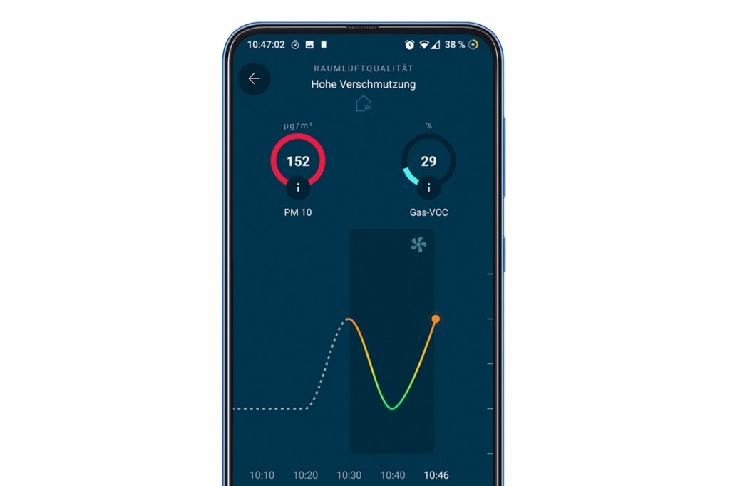 Smartphone zeigt App, dunkelblau mit Diagrammen