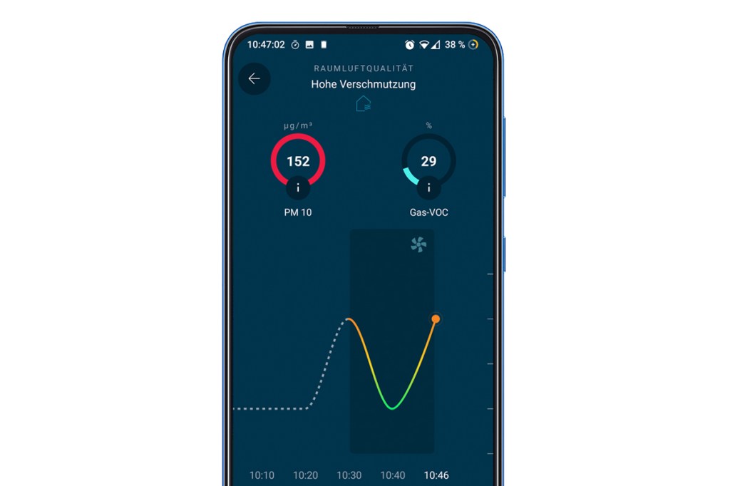 Smartphone zeigt App, dunkelblau mit Diagrammen