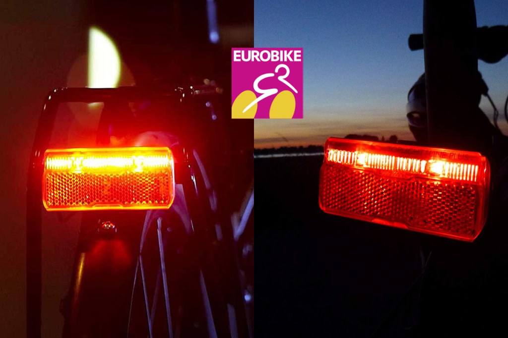 zweigeteiltes Bild, beide zeigen das Line-Brex-Fahrradrücklicht mit Bremsfunktion im Dunkeln
