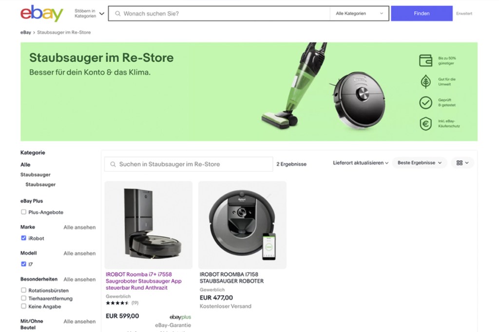 Zu sehen ist ein Screenshot vom ebay Re-Store, in dem der Roomba i7+ mit und ohne Reinigungsstation verfügbar ist.