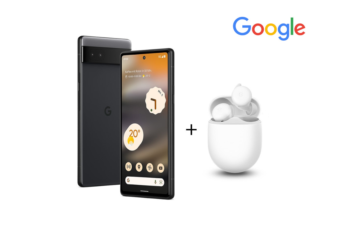 Dunkles Google Smartphone von schräg vorne und hinten mit orange grauem Bildschirmbild daneben weiße In-Ears in Case mit Pluszeichen und google Logo rechts oben auf weißem Hintergrund