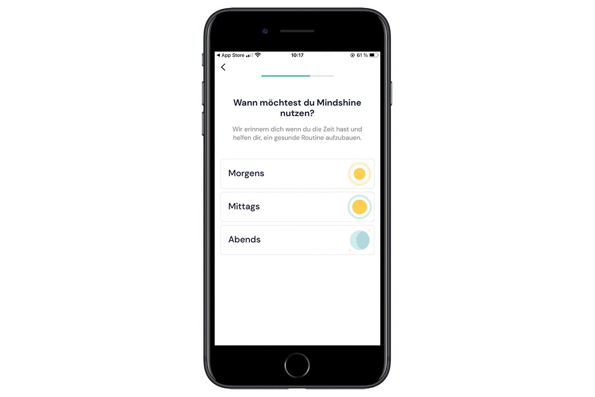 Screenshot der App Mindshine bei der Einrichtung