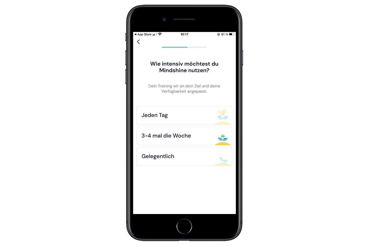 Screenshot der App Mindshine bei der Einrichtung