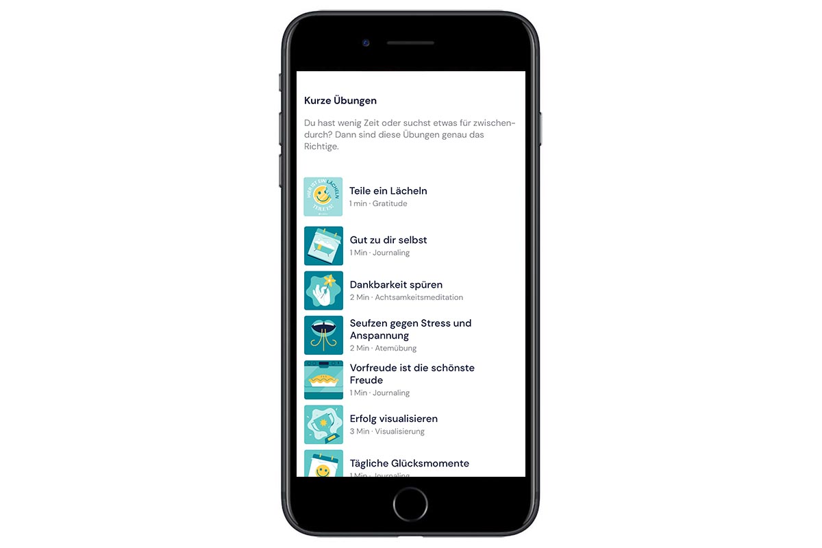 Screenshot der Kurzen Übungen der App Mindshine