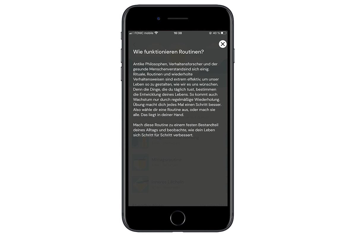 Screenshot zu Erklärungen und wissenschaftlichem Hintergrund von Übungen bei Mindshine