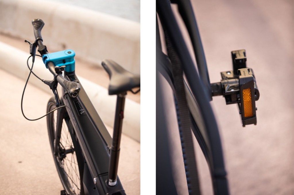 Zwei Bilder: Links: E-Bike von Iweech mit zur Seite geklapptem Lenker, rechts eine zusammen geklappte Pedale am Fahrrad