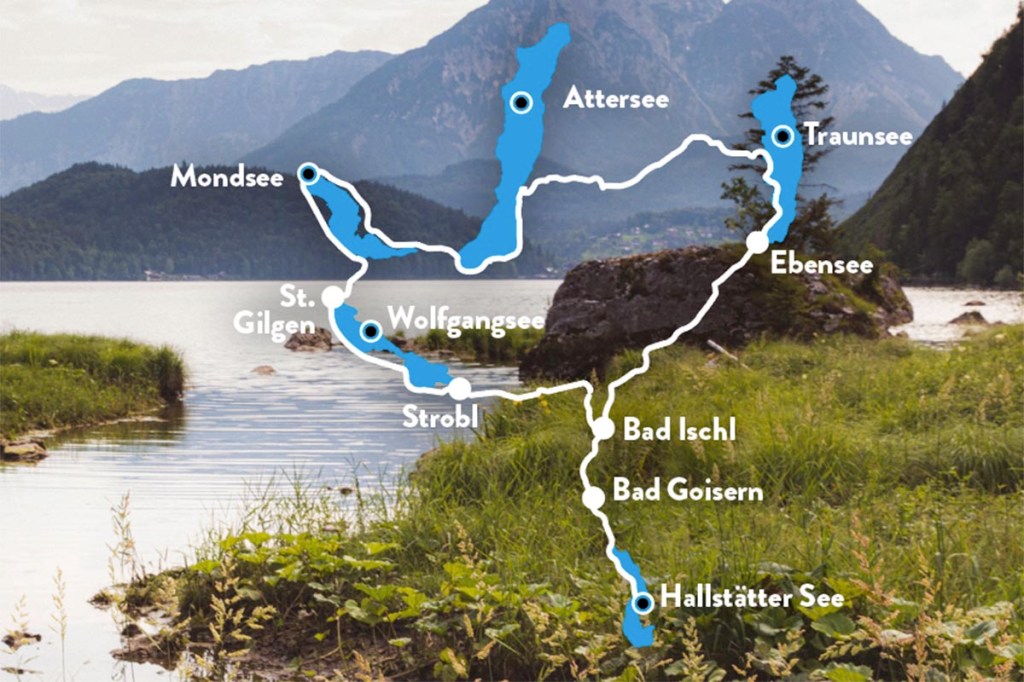 Naturbild vom Salzkammergut mit Grafik Fahrradroute