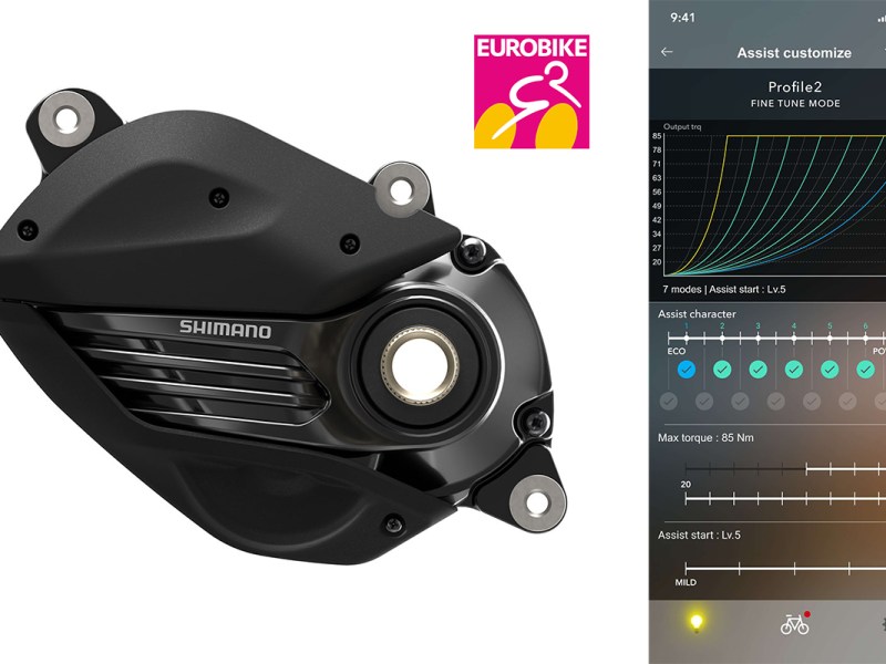 zweigeteiltes Bild: Links neuer E-Bike Motor von Shimano EP6, rechts Handybildschirm mit Shimano App: zeigt Einstellungsfunktionen