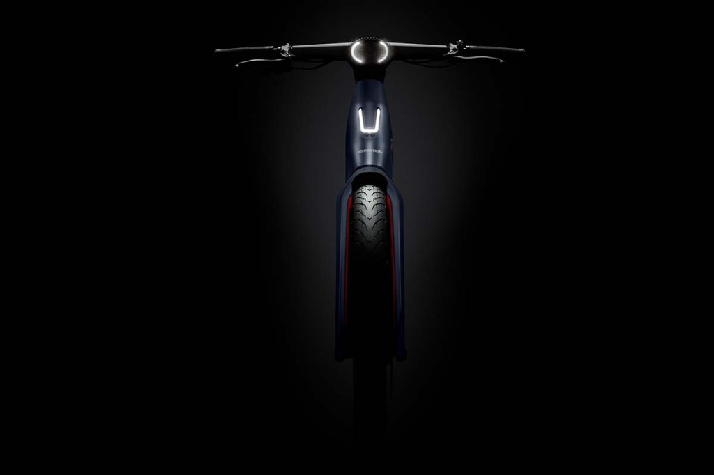 Productshot E-bike Stromer ST7 von vorne auf schwarzem Hintergrund