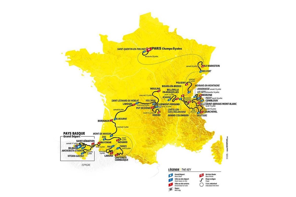Atlaskarte von Frankreich, die den Streckenverlauf der Tour de France zeigt