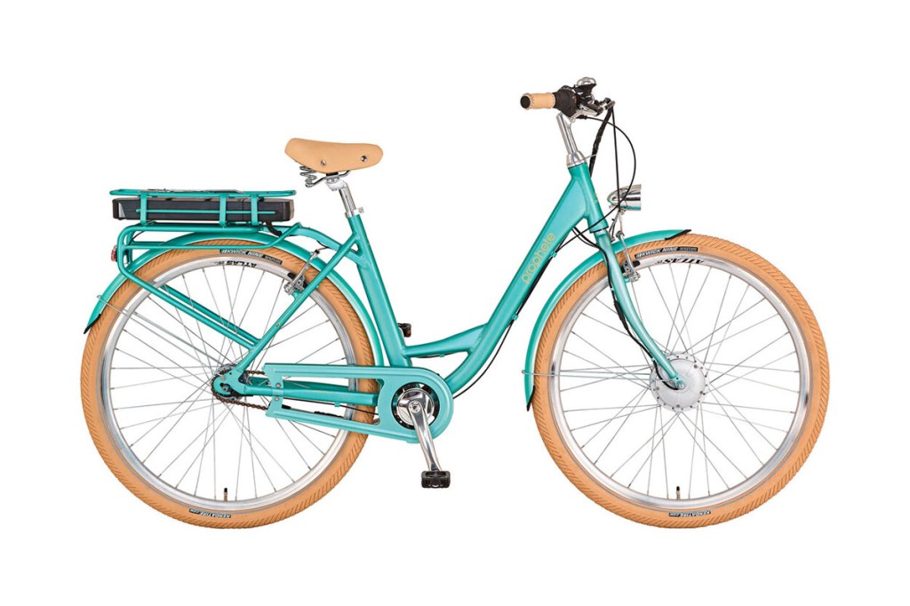Minztgrünes Damen E-Bike im Retro-Look Seitenansicht vor weißem Hintergrund.