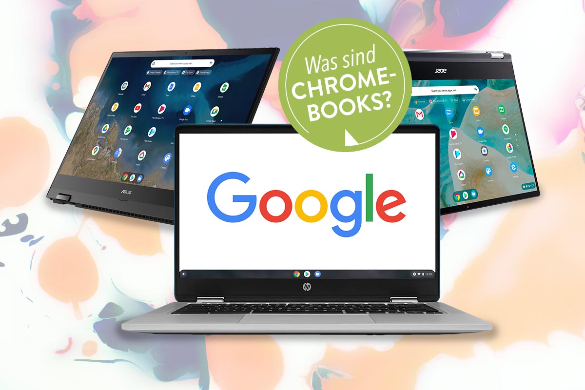 Drei Chromebooks vor gefärbtem Hintergrund.