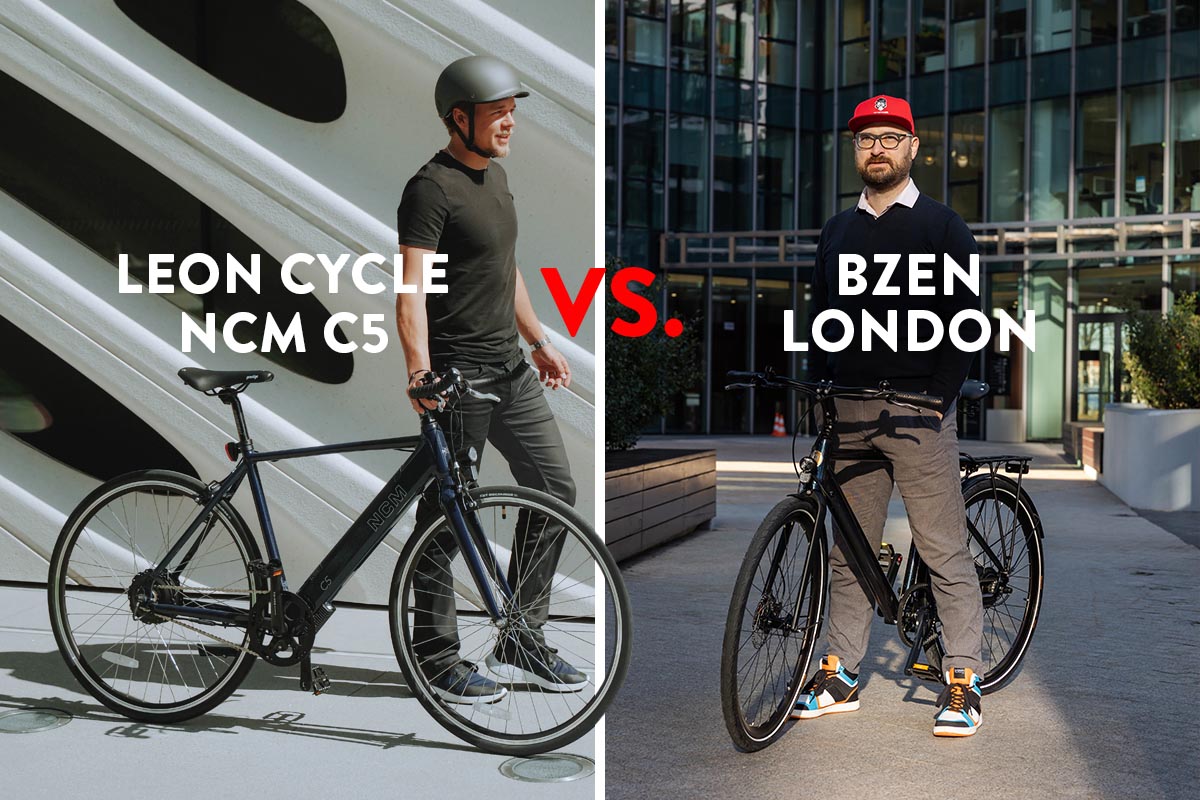 Gegenüberstellung der beiden E-City-Bikes BZEN London und Leon Cycle NCM C5. Die E-Bikes werden jeweils von Fahrern präsentiert.