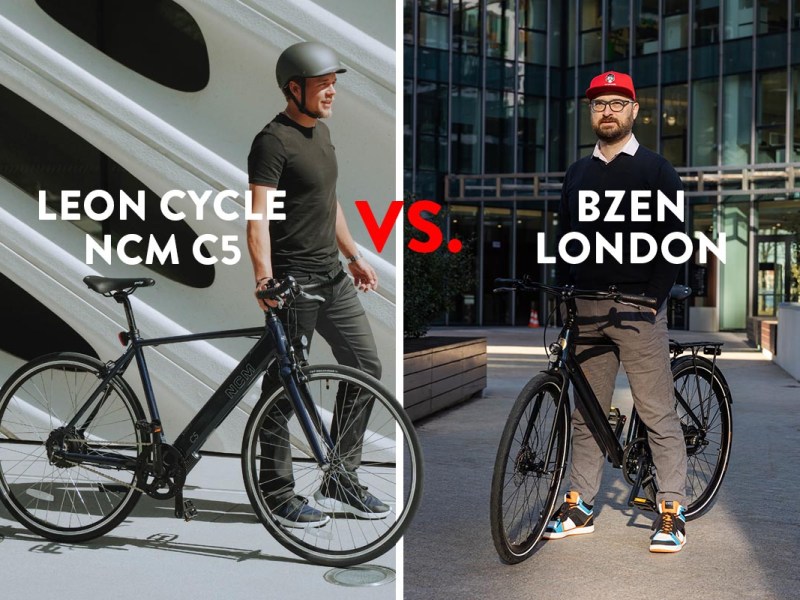 Gegenüberstellung der beiden E-City-Bikes BZEN London und Leon Cycle NCM C5. Die E-Bikes werden jeweils von Fahrern präsentiert.