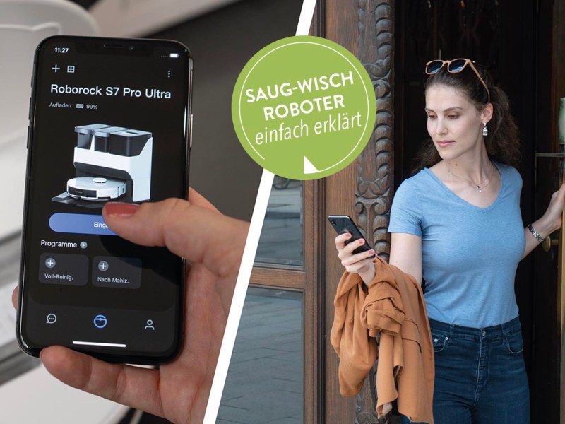 Das Bild ist zweigeteilt. Links sieht man die Roborock-App auf einem Smartphone. Rechts sieht man eine Person ein Haus verlassen und aufs Handy schauen.