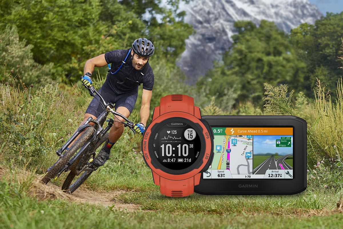 Garmin Smartwatch und Fahrradcomputer vor einem Radfahrer in der Natur.