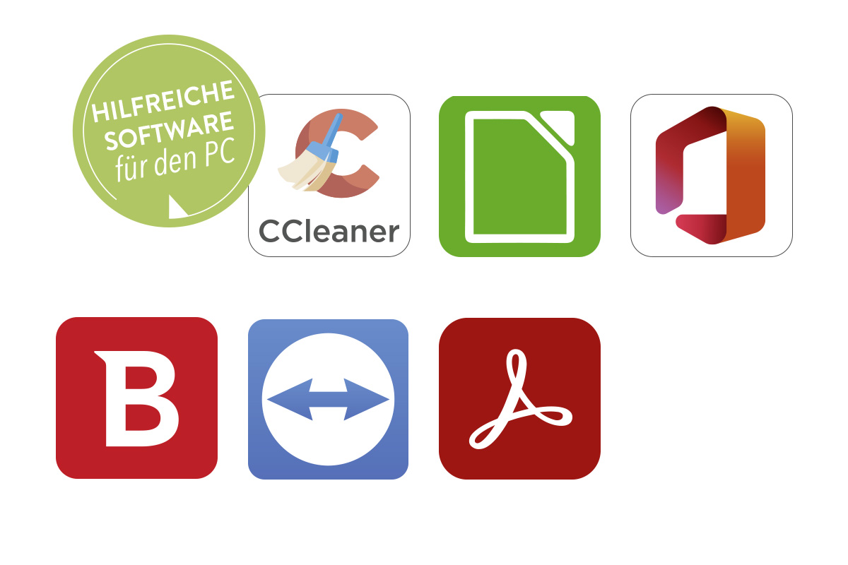 Programmicons von CCleaner, Microsoft 365, LibreOffice, Bitdefender Total Security, Teamviewer, Adobe Acrobat Reader DC