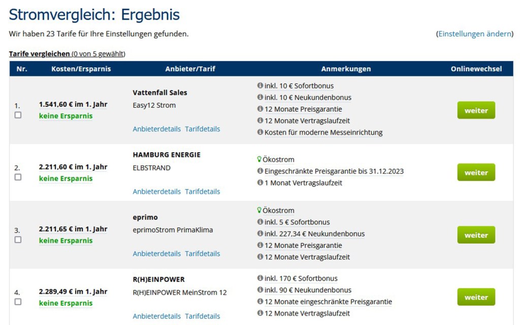 Bildschirmfoto von der Auflistung eines nbieter-Preisvergleichs.