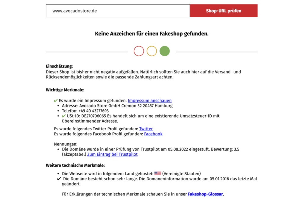 Screenshot des Fakeshop-Finders der Verbraucherzentrale NRW.