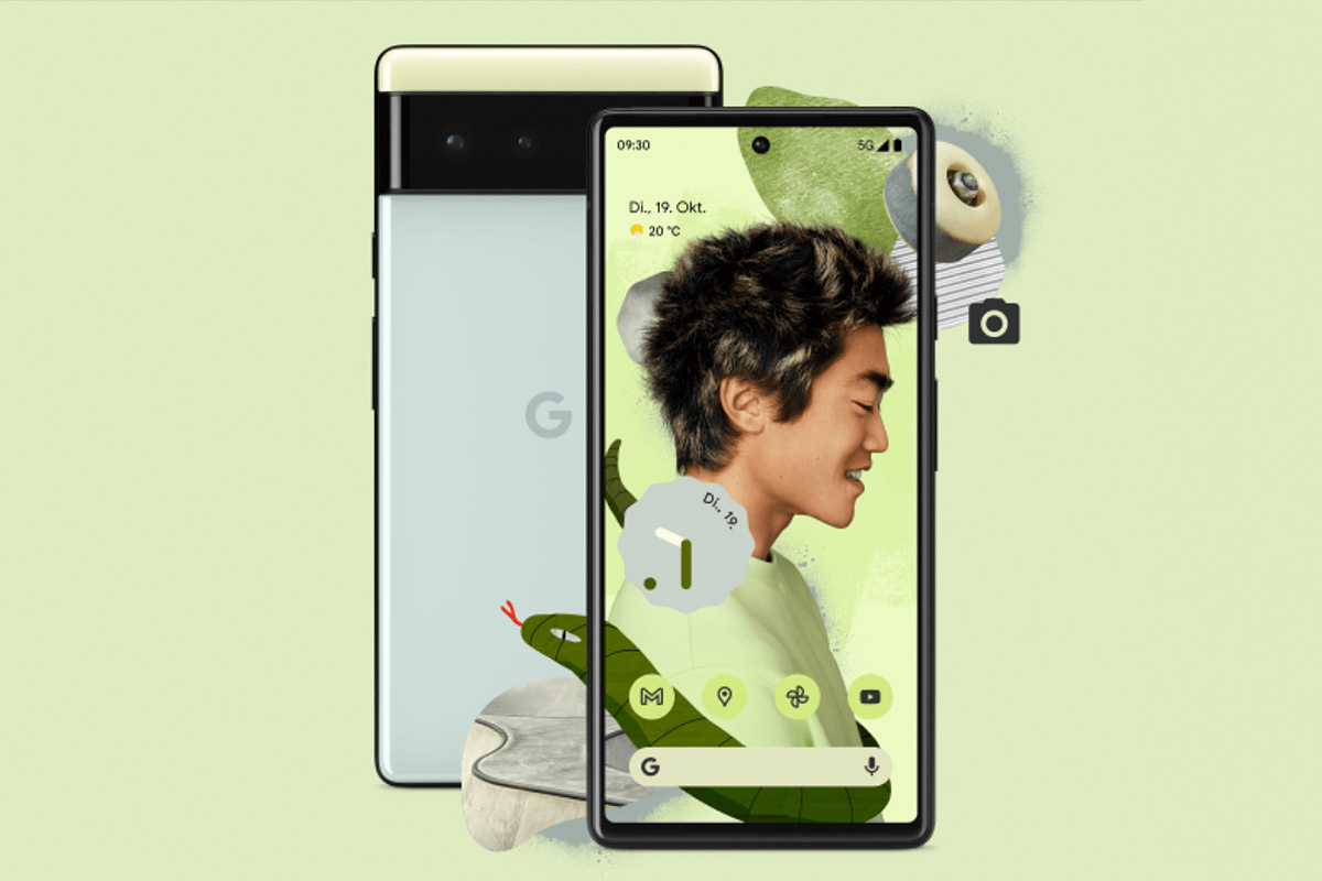 Das Google Pixel 6 vor grünem Hintergrund.