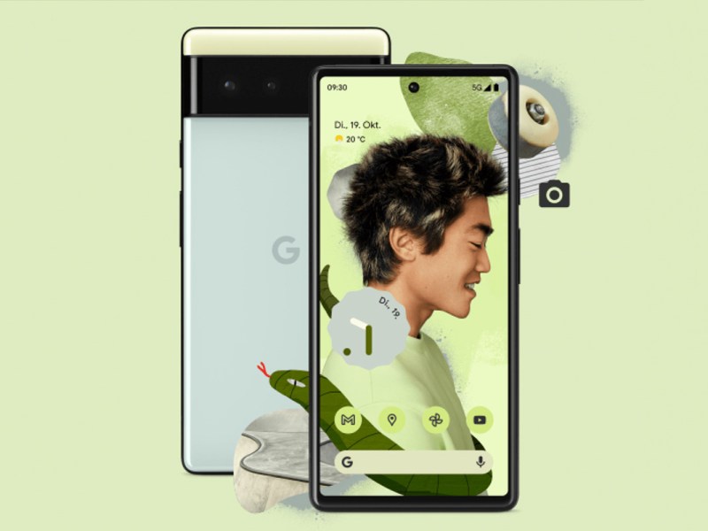 Das Google Pixel 6 vor grünem Hintergrund.