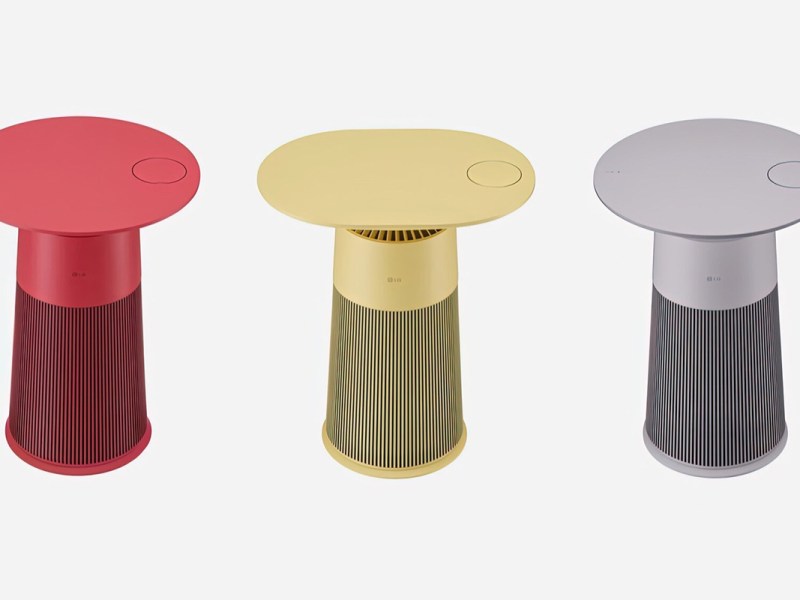 Die neuen Modelle des LG Aero Furniture Luftreinigers sind gezeigt in rot, gelb und grau.