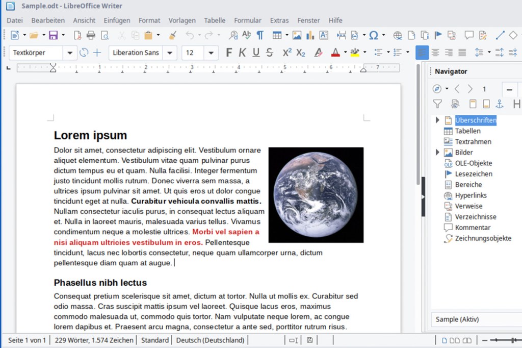 Das Bild zeigt ein Dokument, das im LibreOffice Writer geöffnet ist