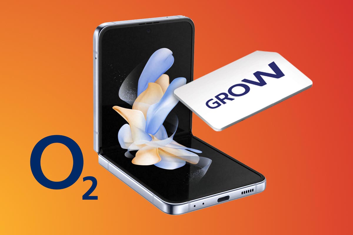 Samsung Galaxy Z Flip 4, O2-Grow-SIM-Karte und O2-Logo vor einem orangefarbenen Hintergrund
