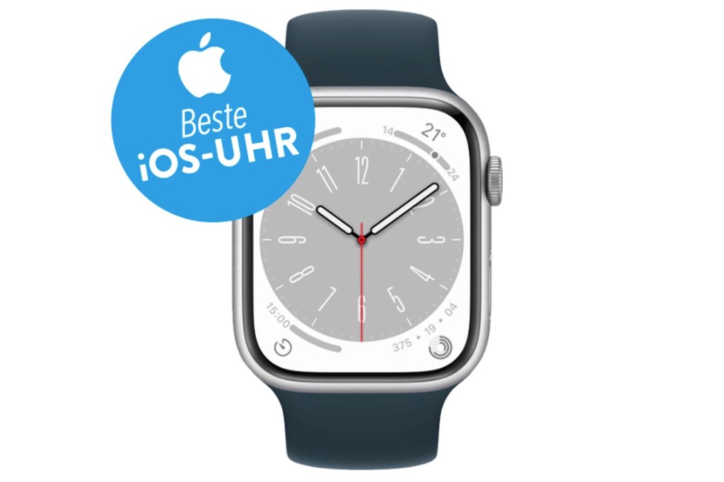 Grau weiße Apple Watch von vorne auf weißem Hintergrund mit blauem Button "Beste iOS-Uhr"