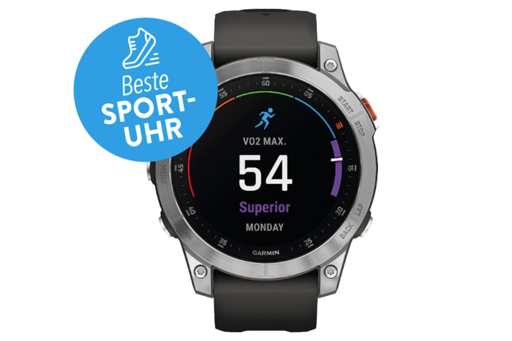 Schwarz graue Garmin Epix 2 Smartwatch mit Zahl auf Display auf weißem Hintergrund mit blauem Button "Beste Sport-Uhr"