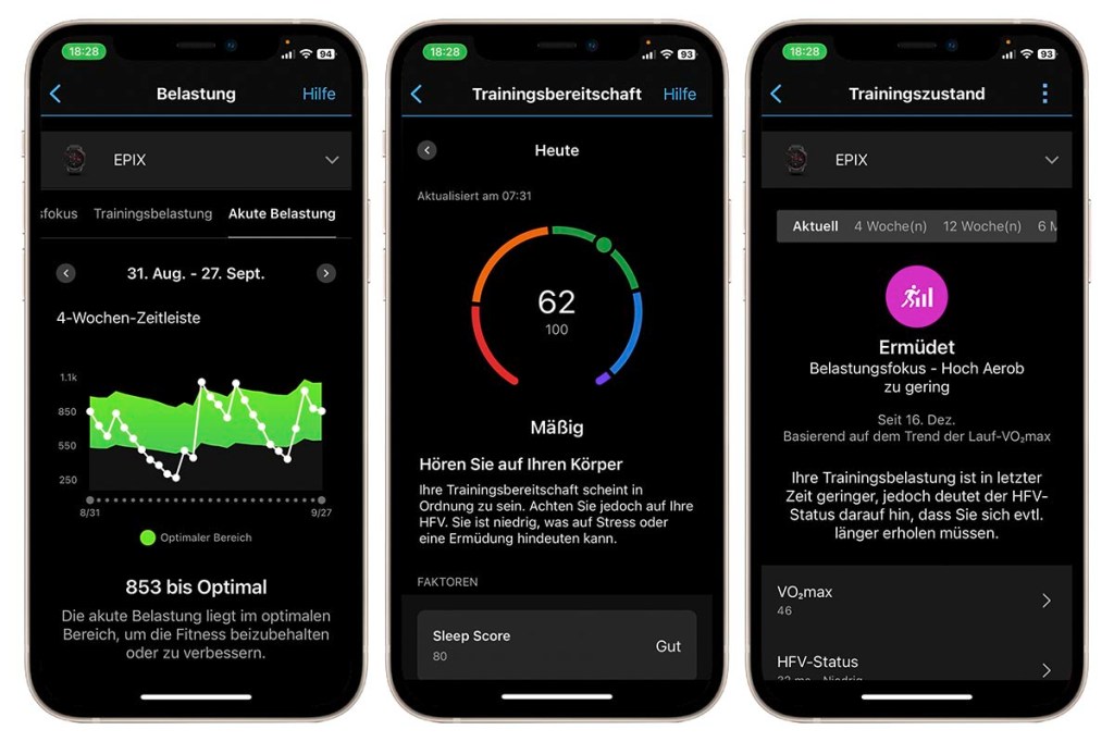 Drei Smartphones mit verschiedenen App-Screens mit Sportdaten