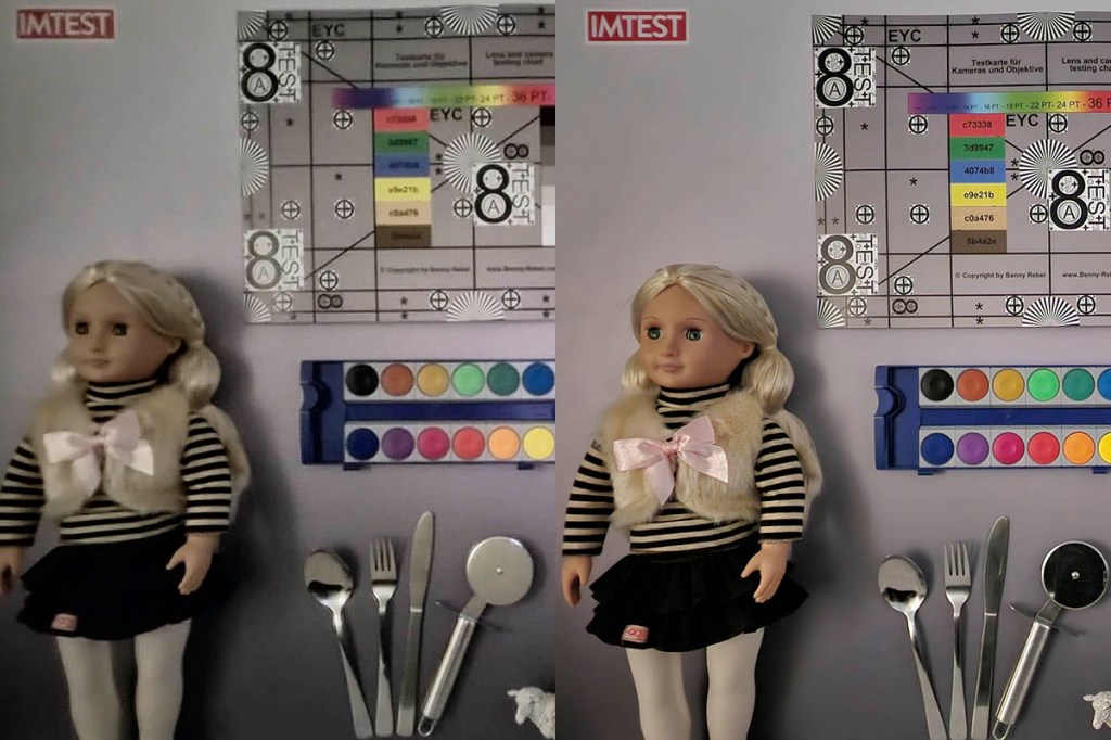 Testchart im Vergleich links und rechts mit Puppe und Farben