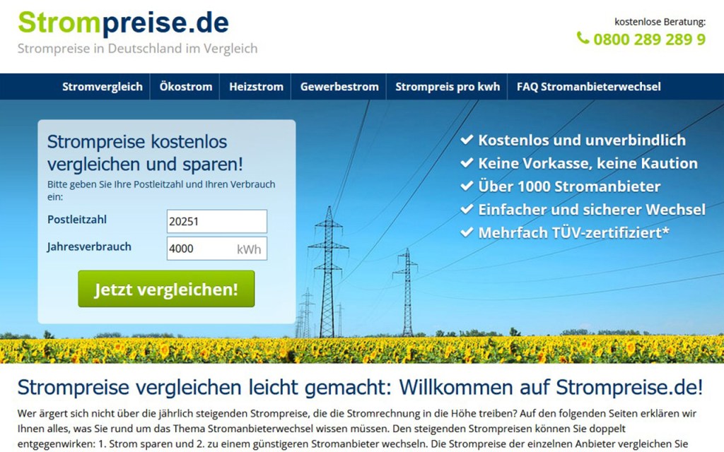 Bildschirmfoto der Homepage vom Portal Strompreise.de