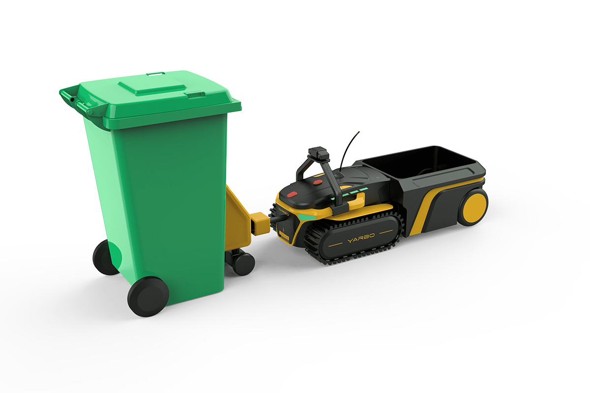 Der Yarbo Gartenroboter mit einer grünen Mülltonne.
