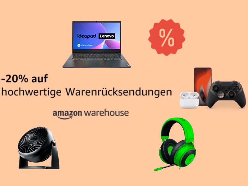 Verschiedene Elektrogeräte auf orangenem Hintergrund schwebend um Schrift herum "20% Prozent auf hochwertige Warenrücksendungen"